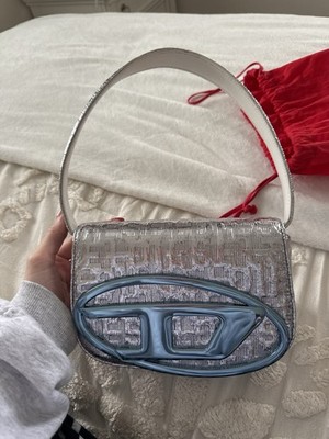 Diesel Metallic Silver Blue Shoulder Bag with Logo & Detachable Strap