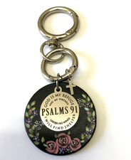 Hand Painted Christian Bible Verse Psalms 91 Black Silver Keychain Purse Charm