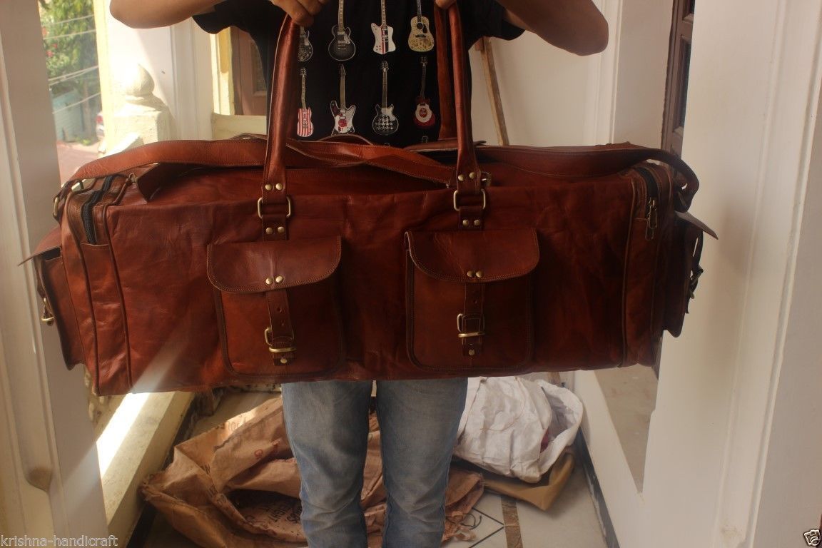 Men's Brown Vintage Genuine Leather Goathide Travel Luggage Duffle Gym Bags