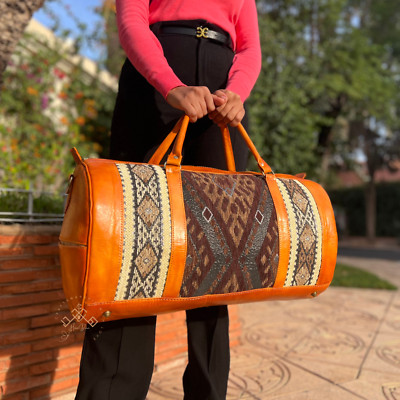 Handmade Kilim Travel Bag   Round Genuine Havane Leather Weekender & Carpet Bag