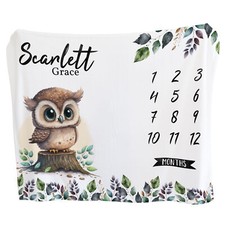 Owl Milestone Blanket - Personalized Woodland Fleece Throw, Baby Shower Gift