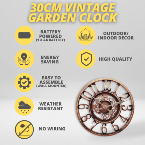 Large Outdoor Clock 30cm Garden Decor Copper Effect Home Cogs  