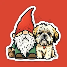 Gnome with a Lhasa Apso Breed Dog Cute Funny 3" Vinyl Sticker
