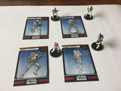 4x Republic commandos sev, scorch, fixer &boss Star Wars Miniatures + Stat Card