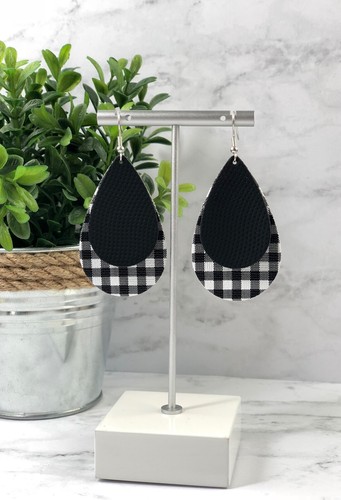 Faux Vegan Leather White Black Buffalo Plaid Teardrop Dangle Earrings Checkered - Picture 5 of 7