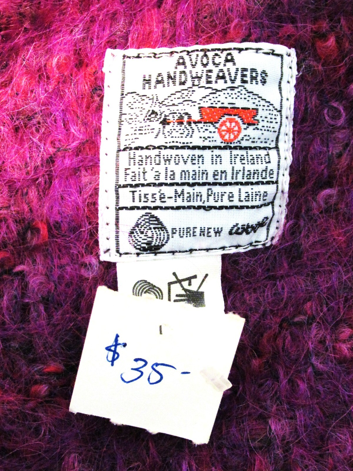 AVOCA HANDWEAVERS PURPLE, RED, 100 PURE WOOL SHAWL HANDWOVEN IN