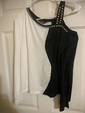 NEW M(6) Casual Long Sleeve Rhinestone Color Block T-Shirt Black and White