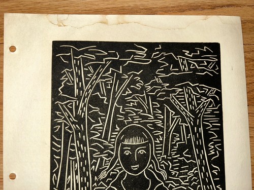 Frances Strain Chicago Woman Artist Woodblock Girl in Woods Expressionist Look! - Picture 3 of 5