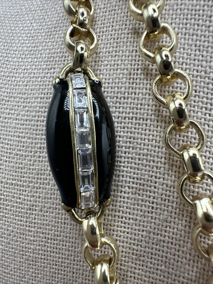 Heidi Daus Long Gold Tone Black Enamel Clear Crystal Chain Necklace - Image 3 of 4