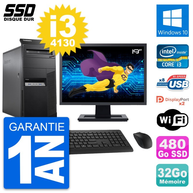 PC Tour Lenovo M83 Ecran 19" Intel i3-4130 RAM 32Go SSD 480Go Windows 10 Wifi