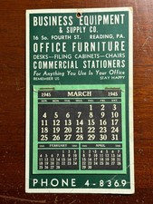 Business Equipment Calendar 1945 1940s Reading Pennsylvania Vtg Ephemera