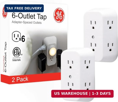 GE 6-Outlet Extender, 2 Pack, Grounded Wall Tap, Reset Button, Circuit Breaker,