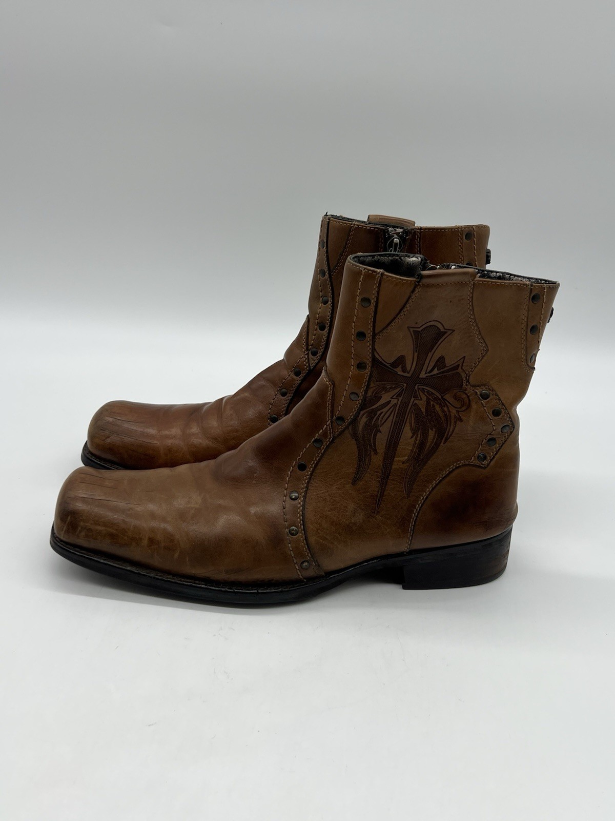 Mark Nason Rock Never Dies Mens Size 10 Brown Leather Cross Studded Italy Boots.