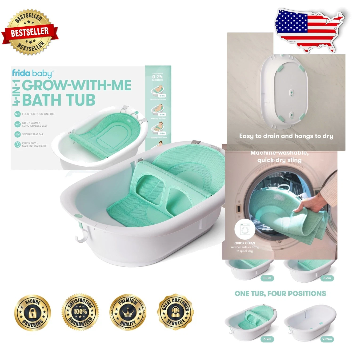 Baby Bath Tub: 4 Stages, Toddler Seat, Easy Drain, Green
Opens in a new window or tab