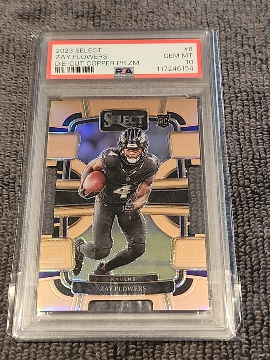 2023 Panini Select #8- Zay Flowers RC Die Cut Copper Prizm 82/299 PSA 10