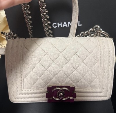 CHANEL Boy Small White Quilted Shoulder Bag Silver Chain Push Lock w/ COA Caviar