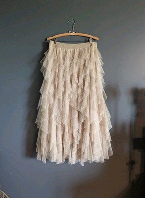 ANTHROPOLOGIE Cherie Ruffled Tulle Midi Skirt Womens L/XL Tan Tiered Romantic