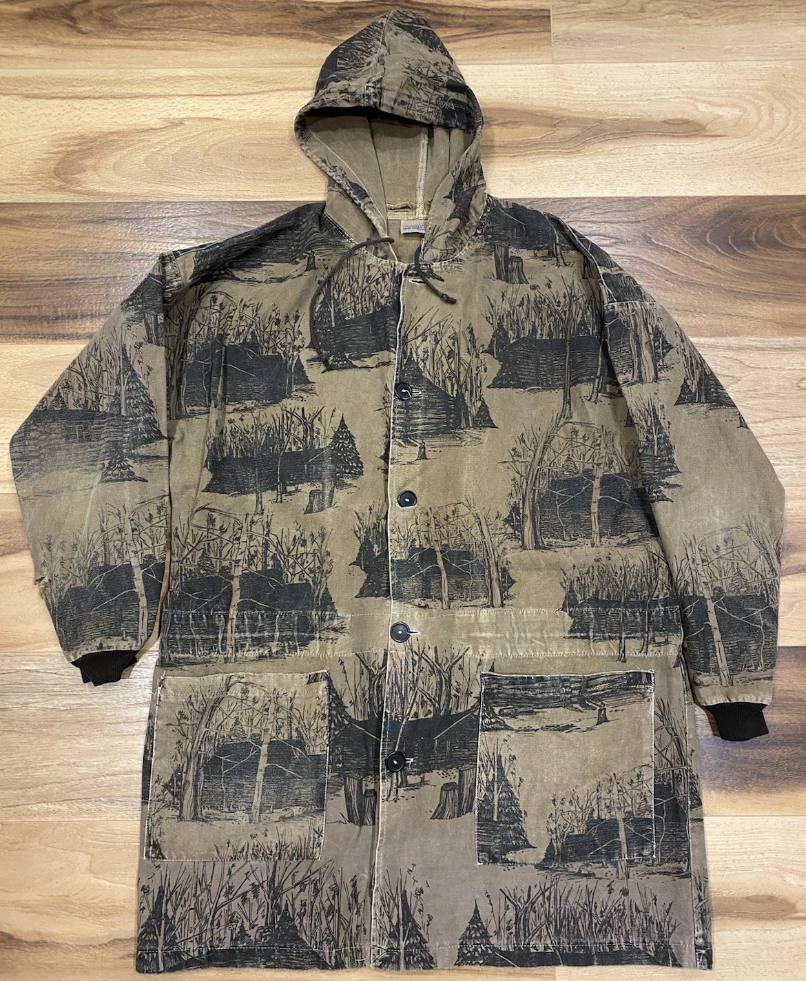 Vintage Michigan Rag Co Cabin Forest Print Hooded Canvas Jacket Distressed Rare - product detail image 1