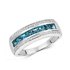 Real London Blue Topaz and Diamond Eternity Band Ring Solid White Gold
