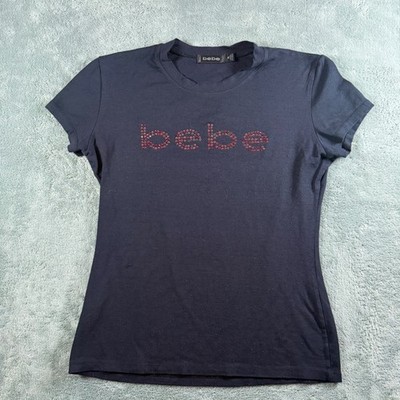 Bebe Vintage Y2K Rhinestone Logo T-Shirt Black Red XL Short Sleeve Made in USA