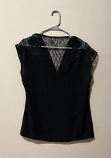 Women's Black Lace Trim V Neck Cap Sleeve Blouse Top Size M