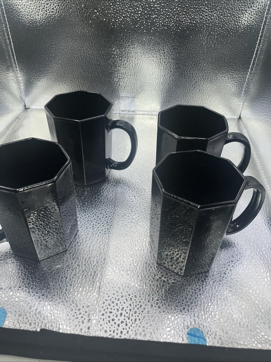 1980 Arcoroc France Black Glass Octagon OCTIME Coffee Mugs Cups