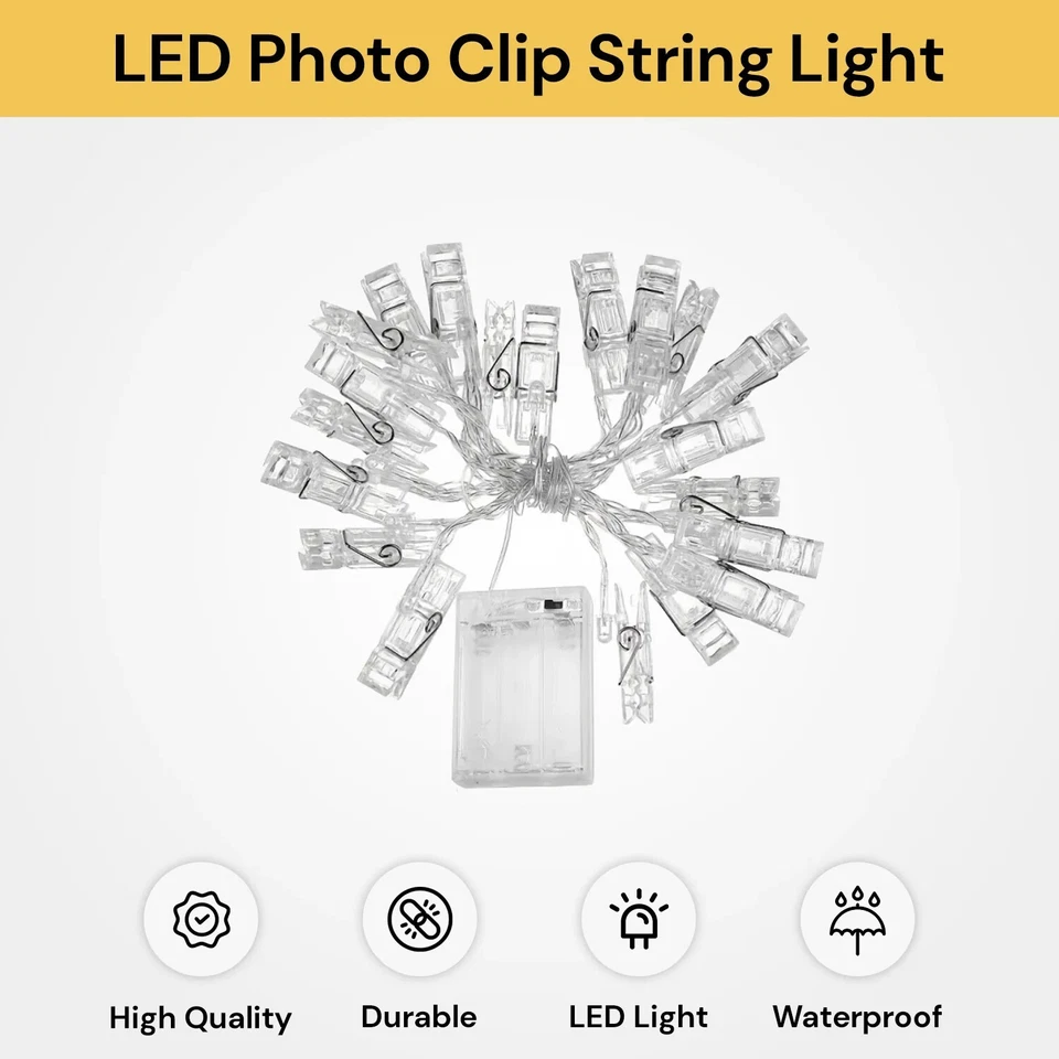 Photo Clip Fairy 20 LEDs String Lights for Wall Hanging Pictures Bedroom Wedding - Image 4 of 4