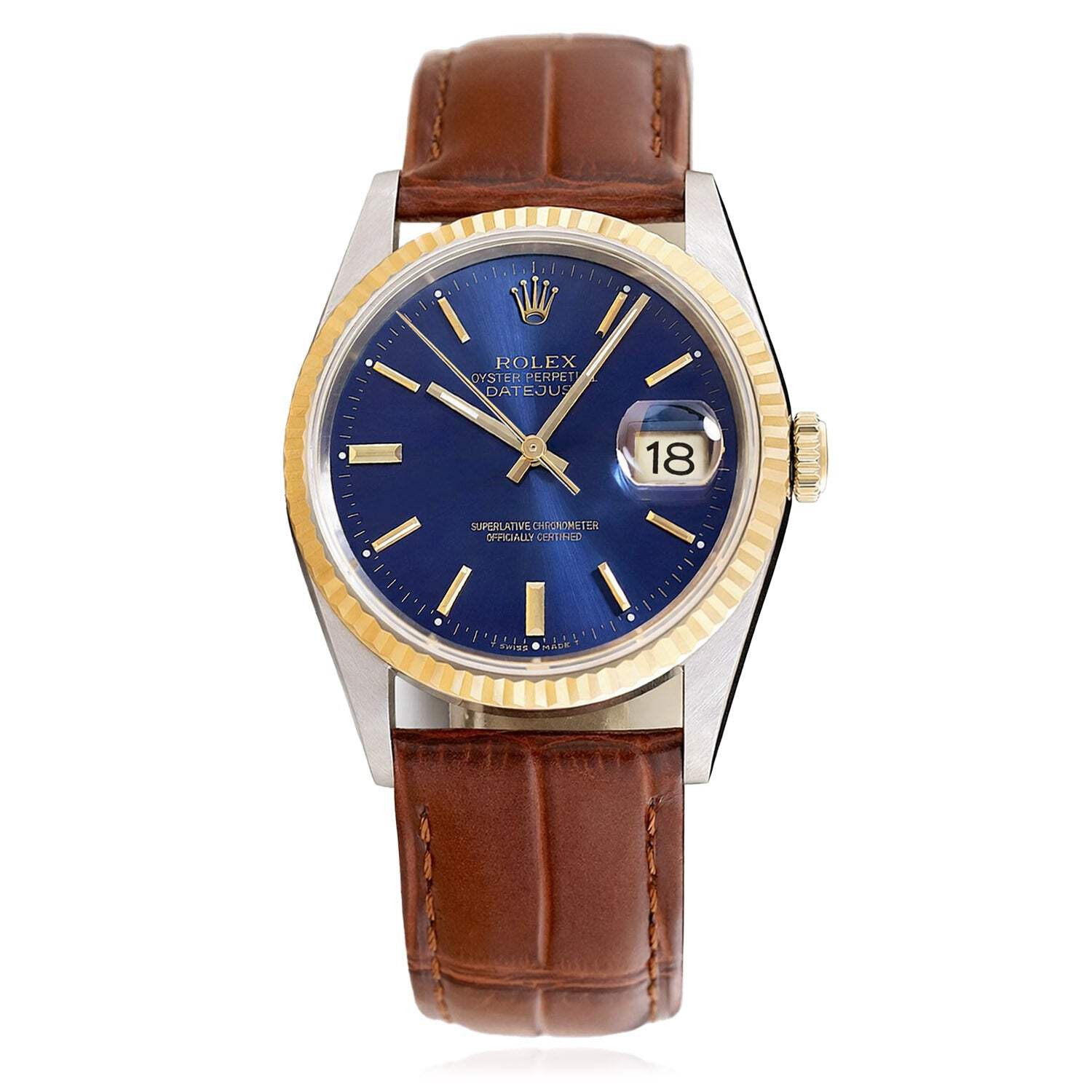 36mm Rolex Datejust 16013 18K Gold Bezel Blue Dial Brown Leather Band Steel Men' image 3