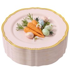 60pcs Pink Plastic Plates - Pink and Gold Disposable Dinnerware with Gold Rim...
