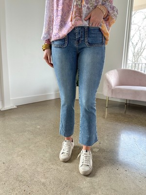 Dear John Boutique Blue front Stretch Beaded Trim Pocket Jeanne Flare Jeans 27
