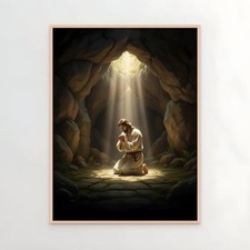 Jesus Praying in Cave Print Christian Home Decor, Wall Art No Frame