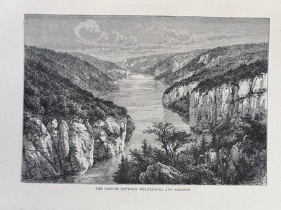 1878 Blick auf die Donau zwischen Weltenburg und Kelheim, Deutschland antiker Druck