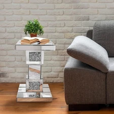 20"Silver Mirrored End Table With Crystal Inlay, Modern Side Table Accent Table