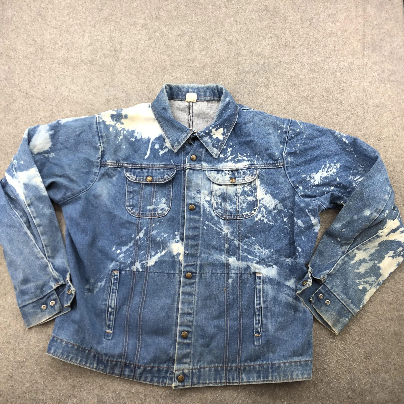 Vintage Key Denim Jacket Mens Large Blue Bleach Splatter Snap Work Distressed