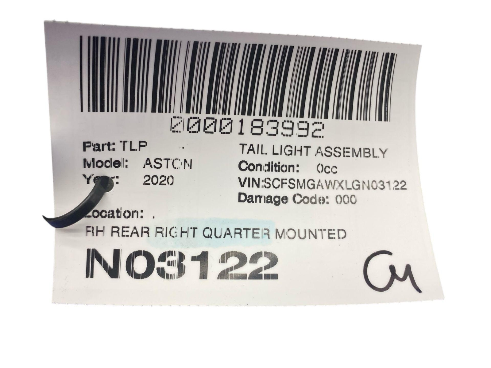 2019-2023 ASTON MARTIN VANTAGE REAR RIGHT QUARTER MOUNTED TAIL LIGHT ASSEMBLY