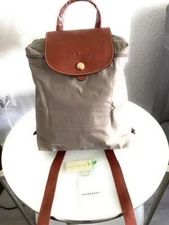 Longchamp Le Pliage Original M  Foldable Backpack Dove Grey with brown leather