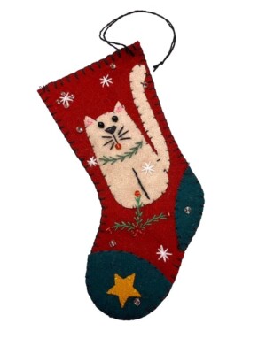 Stitch by Stitch BEIGE CAT STOCKING Handmade Fair Trade Christmas Ornament New