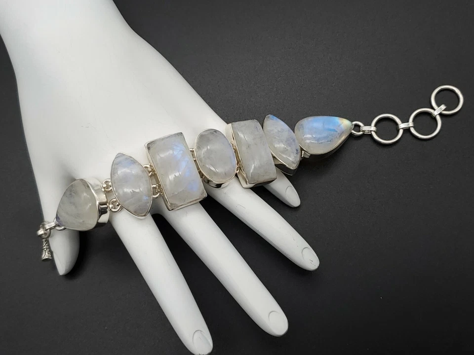 NATURAL IRIDESCENT MOONSTONE 925 STERLING SILVER 63 GRAM NEW BRACELET 6.5 TO 8" - Image 2 of 4