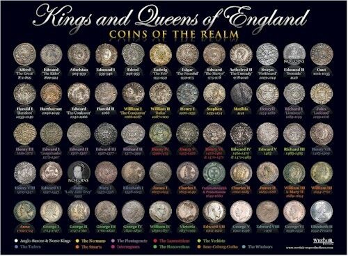 Coins of England poster, Alfred to Elizabeth II A3 size (29.7cm x 42cm) [KQCPA3]