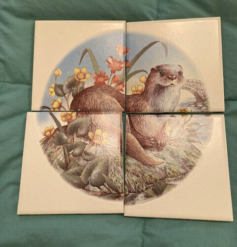 RIVER OTTER - 4 PC TILE SET - TOTALLY CHARMING, GREAT DECOR FOR KITCHEN OR BATH