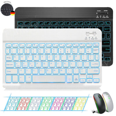 QWERTZ Bluetooth Tastatur Maus Beleuchtet Keyboard für PC Handy Tablet Universal