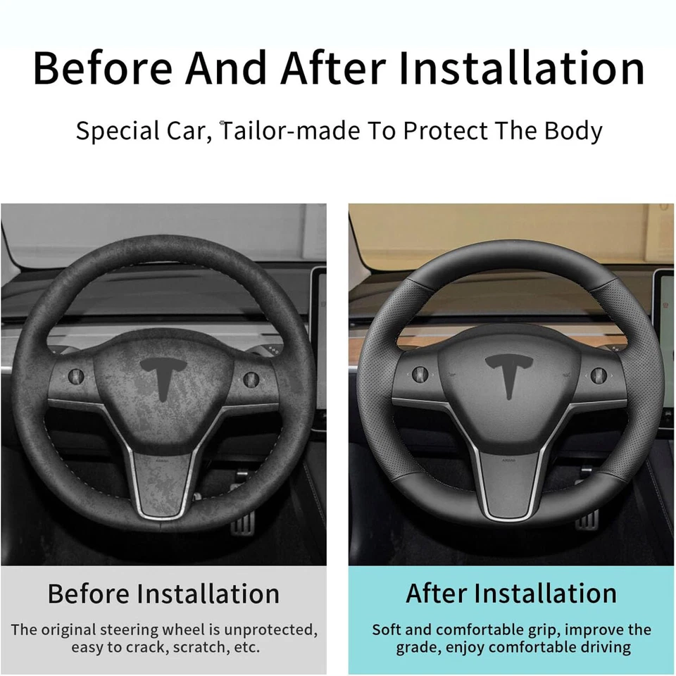 For Tesla Model 3 17-23 Y 20-23 Steering Wheel Cover Hand-Stitching Leather Wrap - Image 3 of 4