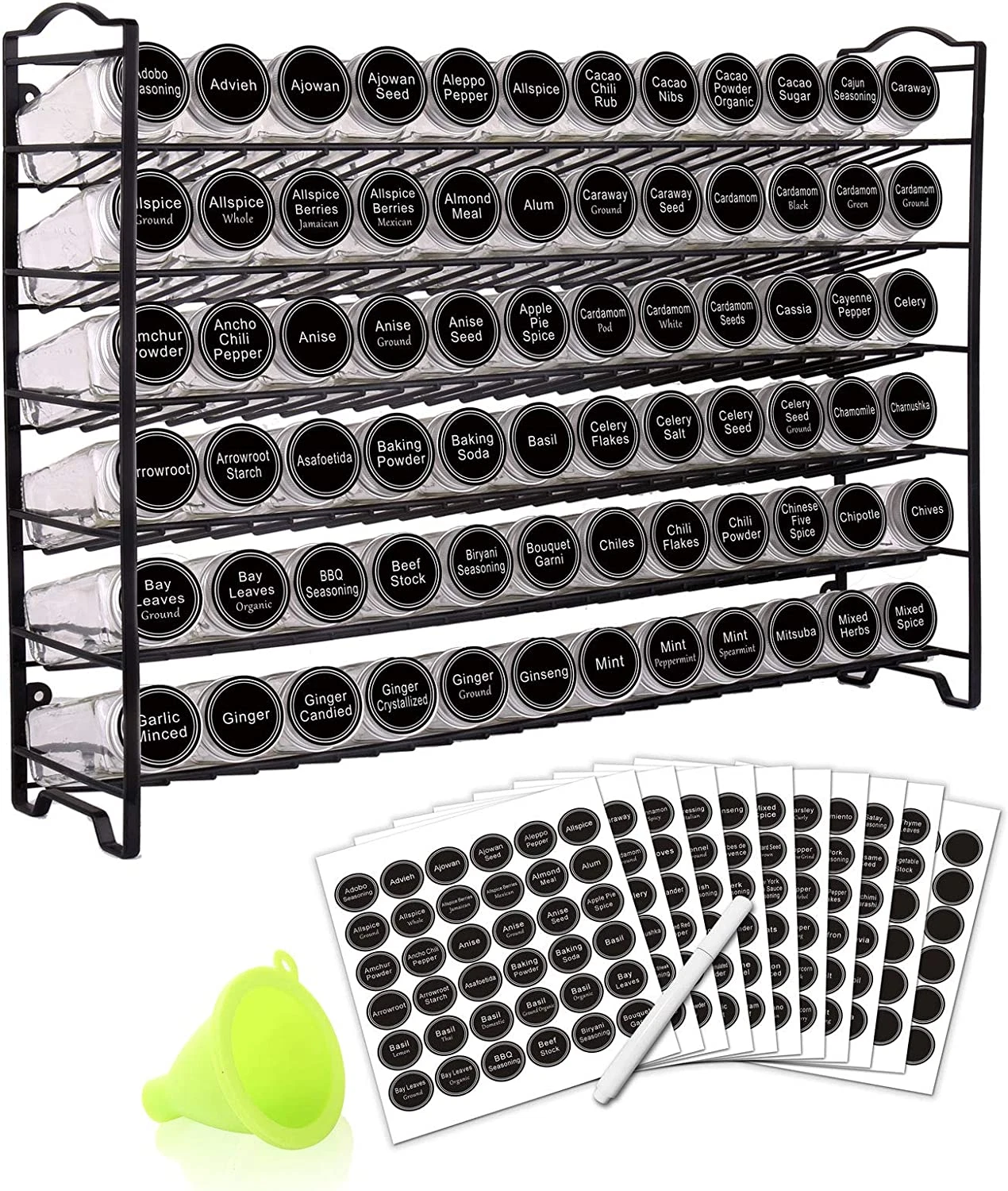 72 Jar Spice Rack Organizer Set with Labels, Marker & Funnel - Black