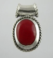 Sterling Silver Red Enamel Cabochon Slide Pendant 925 1.25 Inch Length 8.2g
