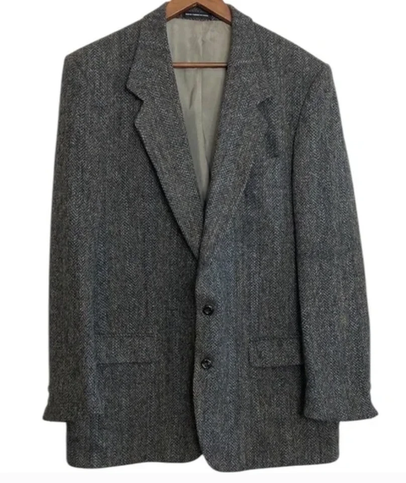 Vintage Harris Tweed Sport Coat Mens 44L Grey Herringbone Wool Blazer Jacket Foto 2 de 4