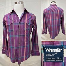 Vintage Wrangler Cowboy Cut Purple Plaid Western Pearl Snap XL Shirt 16-34