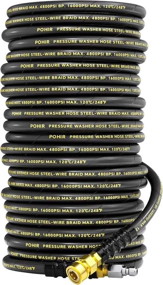POHIR 200FT Pressure Washer Hose 4800PSI 3/8" Kink Resistant Power Hose Quick Connect