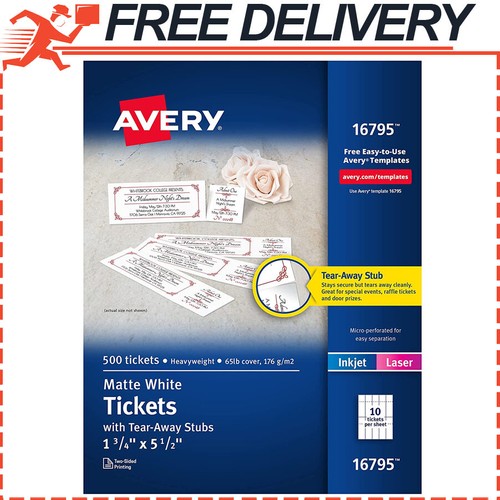 500Pack Avery Matte White Printable Tickets w/ TearAway Stubs, 13/4
