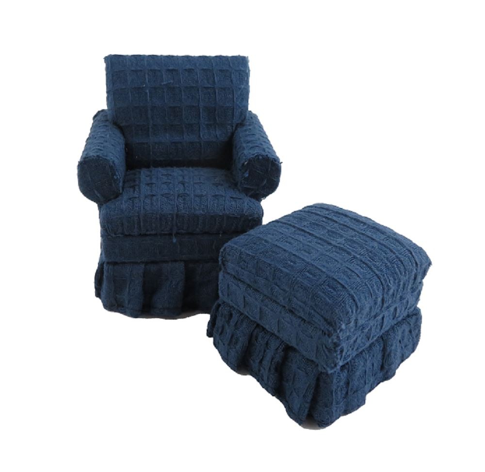Dolls House Traditional Blue Armchair & Ottoman Miniature Living Room Furniture