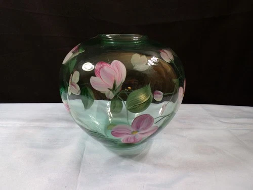 Fenton Green Glass Painted Vase Purple Flowers Marilyn Wagner